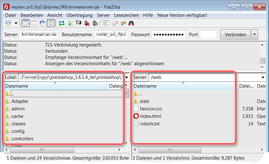 Installationsverzeichnis prestashop hochladen