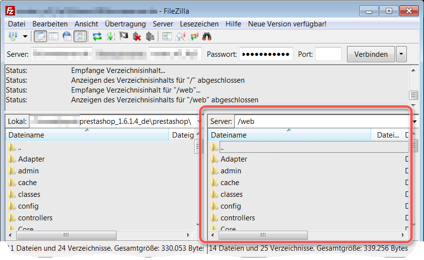 Installationsverzeichnis prestashop hochladen