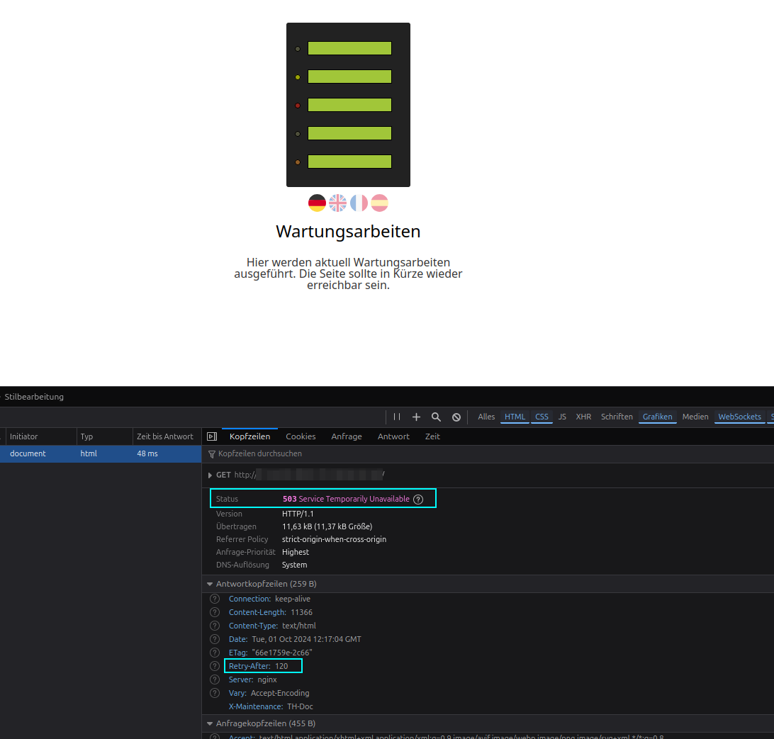 Der Wartungsmodus liefert neben einer neutralen Wartungsseite, auch den dafür vorhergesehenen http-Statuscode 503 und den Header Retry-After mit 120 Sekunden aus um clients zu signalisieren, dass sie es in 120 Sekunden nochmal versuchen dürfen.