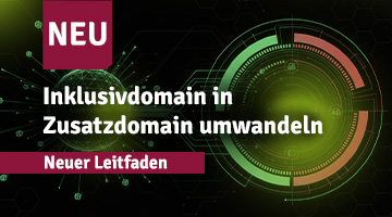 Teaser-Grafik zu Inklusivdomains und Zusatzdomains mit Hinweis ‚NEU‘, futuristischem Interface-Design und Text zum Leitfaden für die Umwandlung von Domains.
