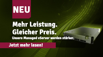 Teaser-Grafik zu verbesserten Managed vServern mit Hinweis ‚NEU‘, Server-Hardware-Abbildung und Aussage zu mehr Leistung bei gleichem Preis inklusive Call-to-Action zum Weiterlesen.